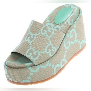 NEW GUCCI JUMBO GG SUPREME 120MM BEIGE LIME PLATFORM SANDALS SHOES 41/11